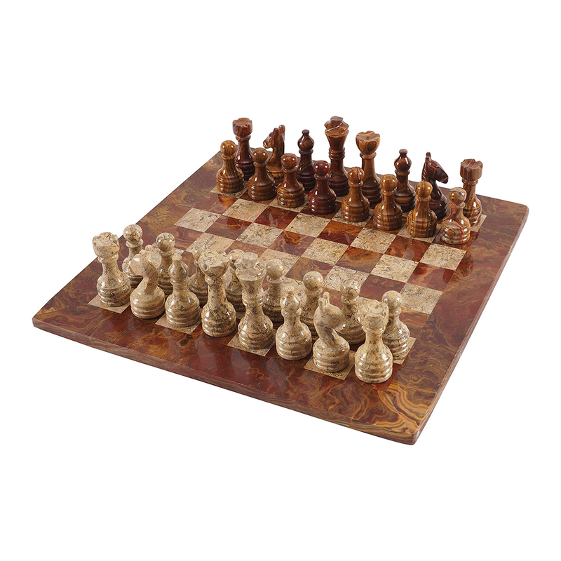 15 Inches Handmade Red & Coral Marble Premium Quality Chess Set