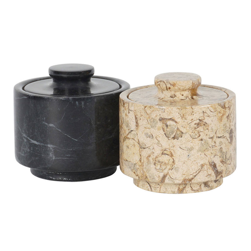 3x3 Inch Black And Fossil Coral Marble Salt Cellar Set of 2