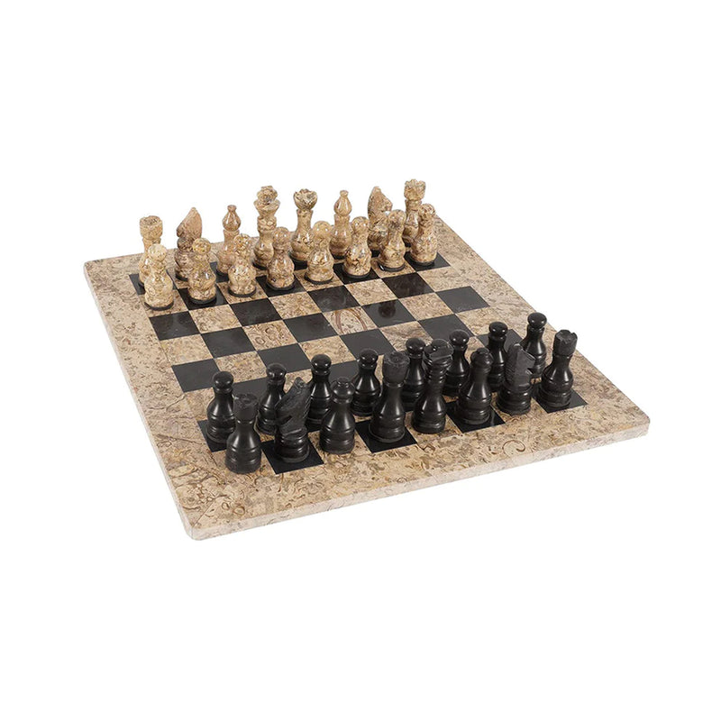 Fossil Coral and Black Handmade 15 Inches High Quality Marble Chess Set